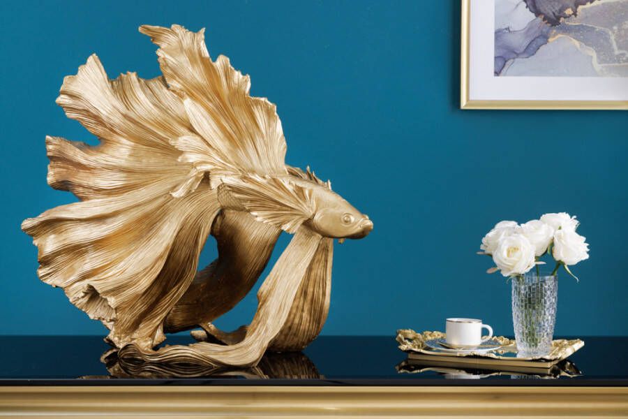 Invicta Interior Design decoratief figuur vechtende vis CROWNTAIL 65cm goud Betta vissculptuur 43176