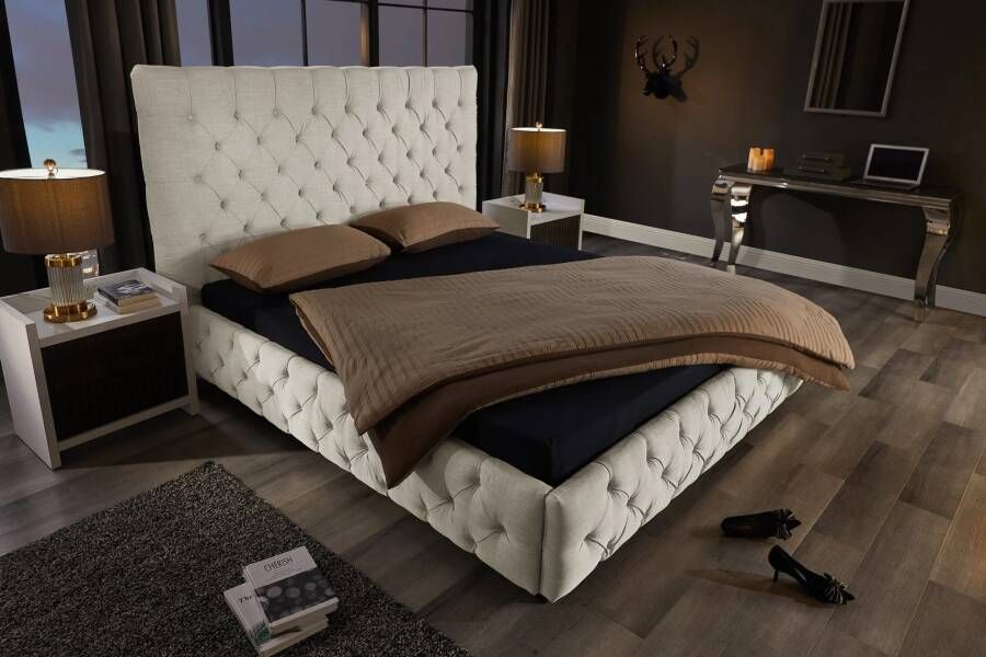Invicta Interior Design bedstee PARIS 180x200cm beige linnen Chesterfield tweepersoonsbed 41328