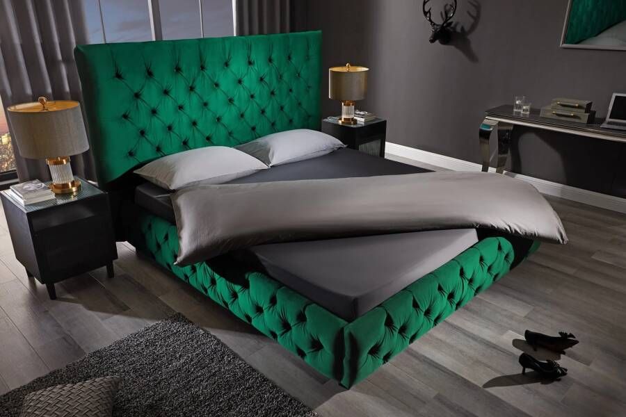 Invicta Interior Design bedstee PARIS 180x200cm donkergroen fluweel Chesterfield tweepersoonsbed 41336