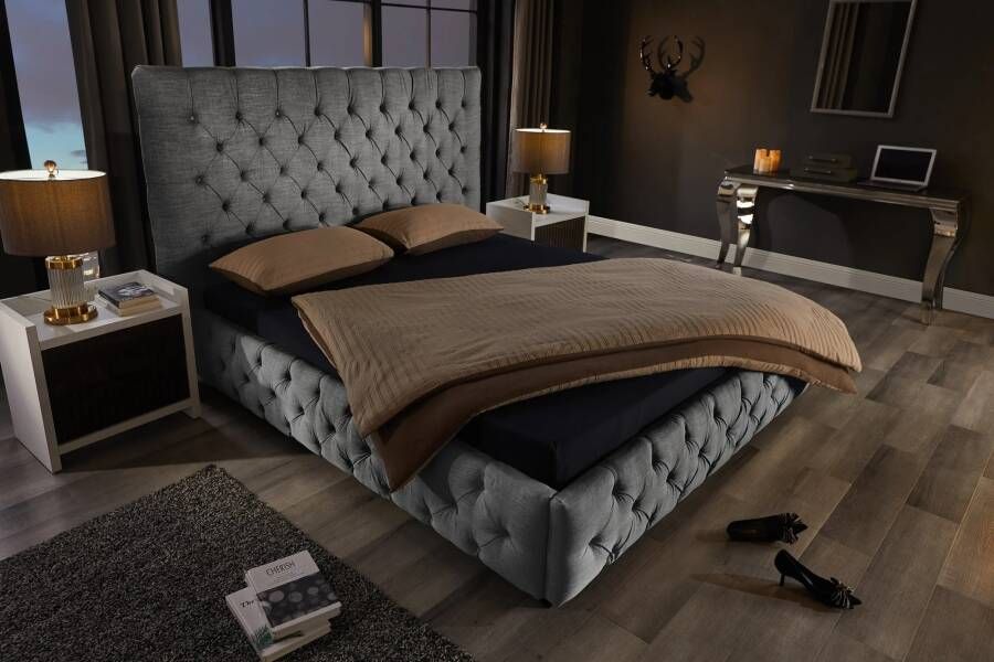 Invicta Interior Design bedstee PARIS 180x200cm grijs linnen Chesterfield tweepersoonsbed 41327