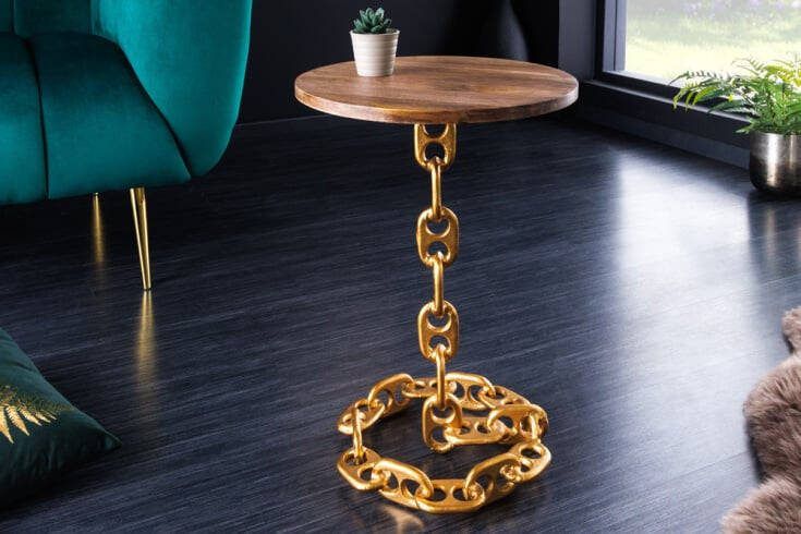 Invicta Interior Design bijzettafel CHAINS 40cm goud mangohout handgemaakt metalen rond kettingframe 42233