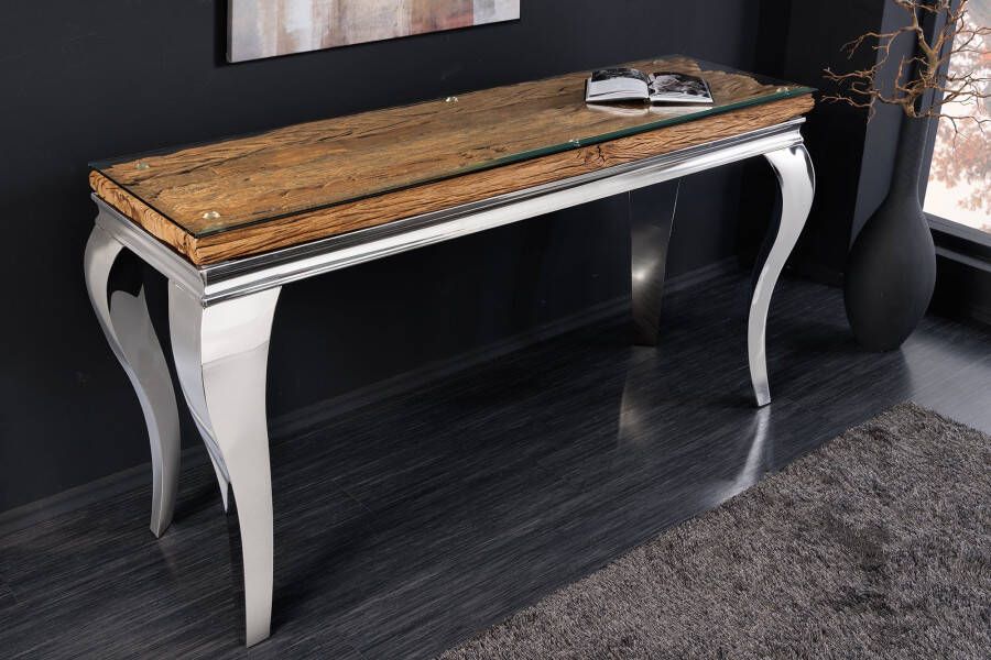 Invicta Interior Design Console Tafel MODERN BAROK 140cm Naturel Chroom Teak Exclusief glazen blad- 44364