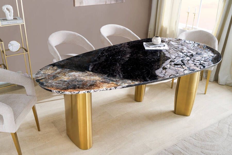 Invicta Interior Design eettafel BIO 200cm grijs wit bruin natuursteen marmer metaal geborsteld goud 46205