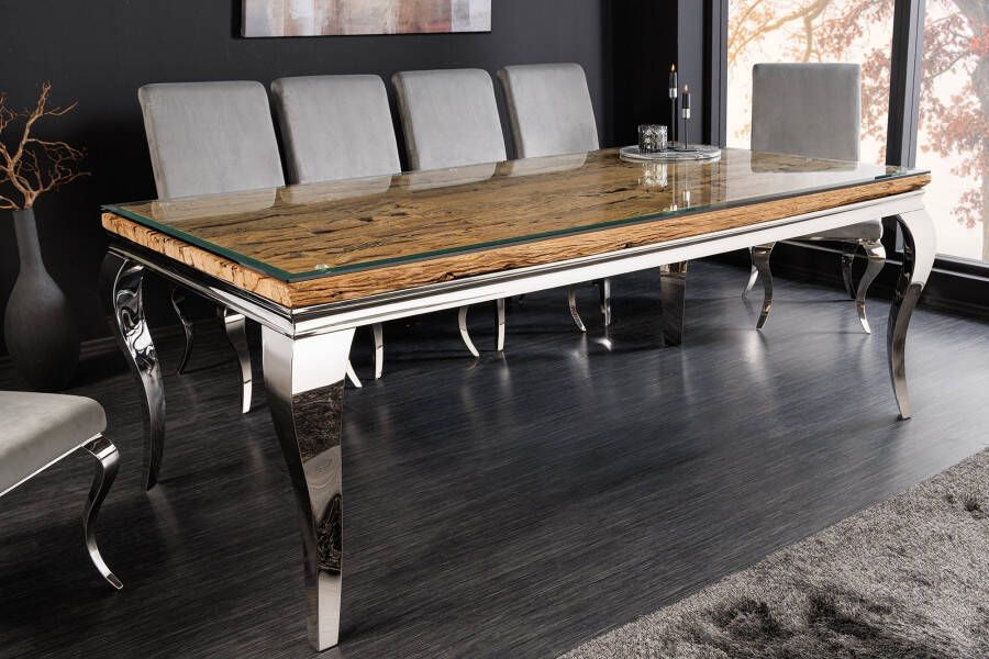 Invicta Interior Design eettafel MODERN BAROK 200 cm naturel chroom teakhout exclusief glazen plaat 6044363