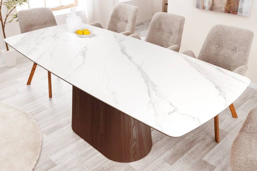 Invicta Interior Design Eettafel UNIEK 200cm Wit Walnoot Keramiek Marmeren Kolom Onderstel 45139