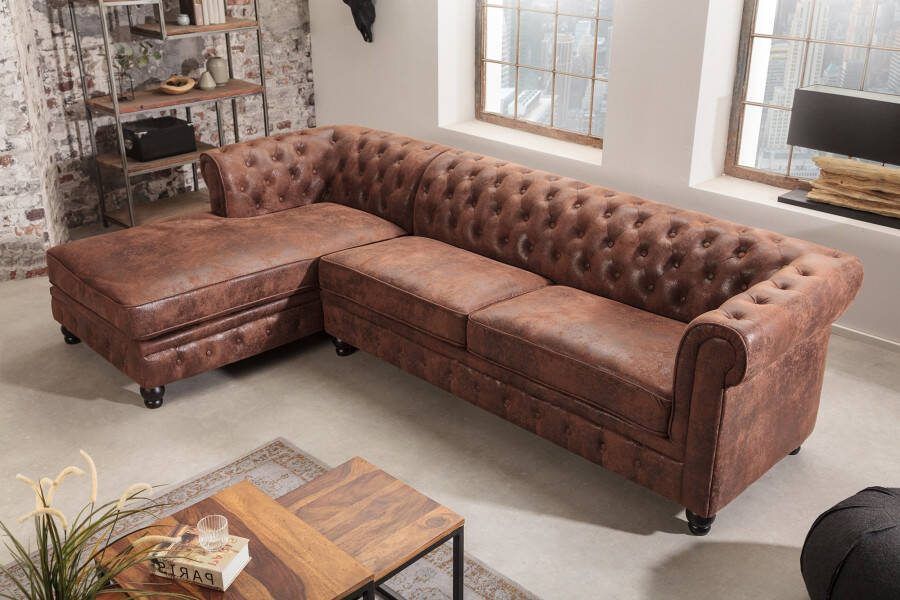 Invicta Interior Design hoekbank CHESTERFIELD 270cm Antiek Bruin Microvezel Lente Ottomaanse Links Vintage 40611