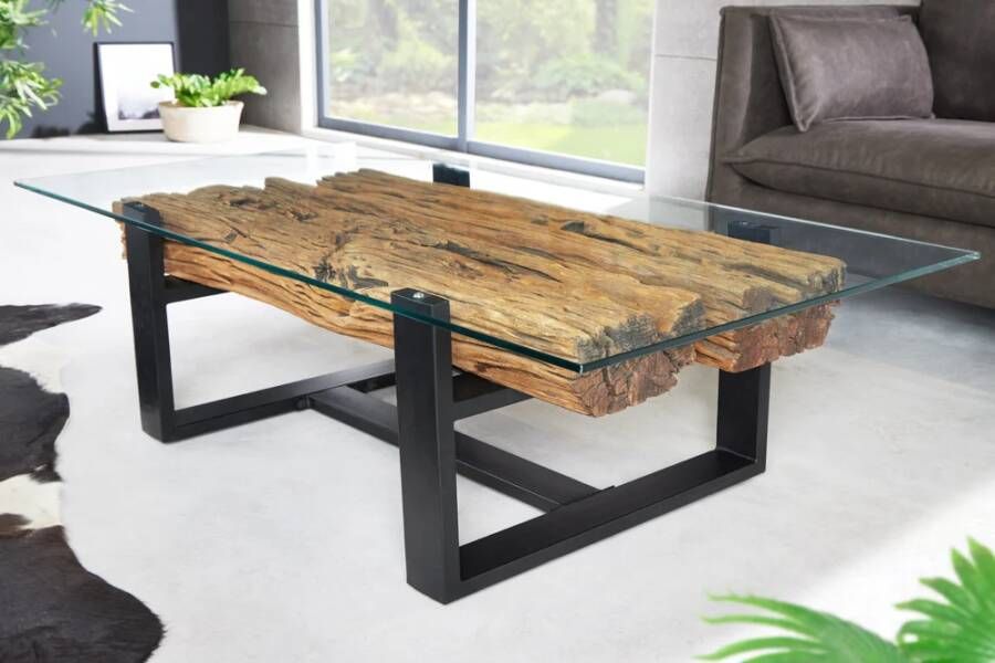 Invicta Interior salontafel BARRACUDA 130cm gerecycled teak glazen blad zwart roestvrij staal industrieel 43344