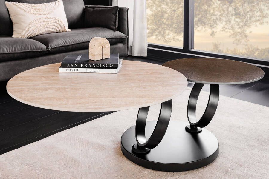 Invicta Interior Design salontafel DANCING RINGS roest ronde draaibare travertijn keramiek brons frame 46316