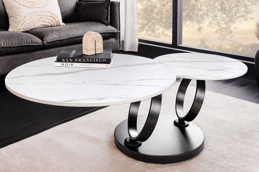 Invicta Interior Design salontafel DANCING RINGS wit ronde draaibaar marmer keramiek zwart metaal 46356