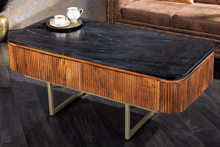 Invicta Interior Design salontafel GATSBY 110cm massief mangohout marmeren blad retro met lades goud 43338