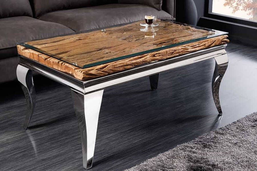 Invicta Interior Design salontafel MODERN BAROK 100 cm naturel chroom teak exclusief glazen plaat 6044365