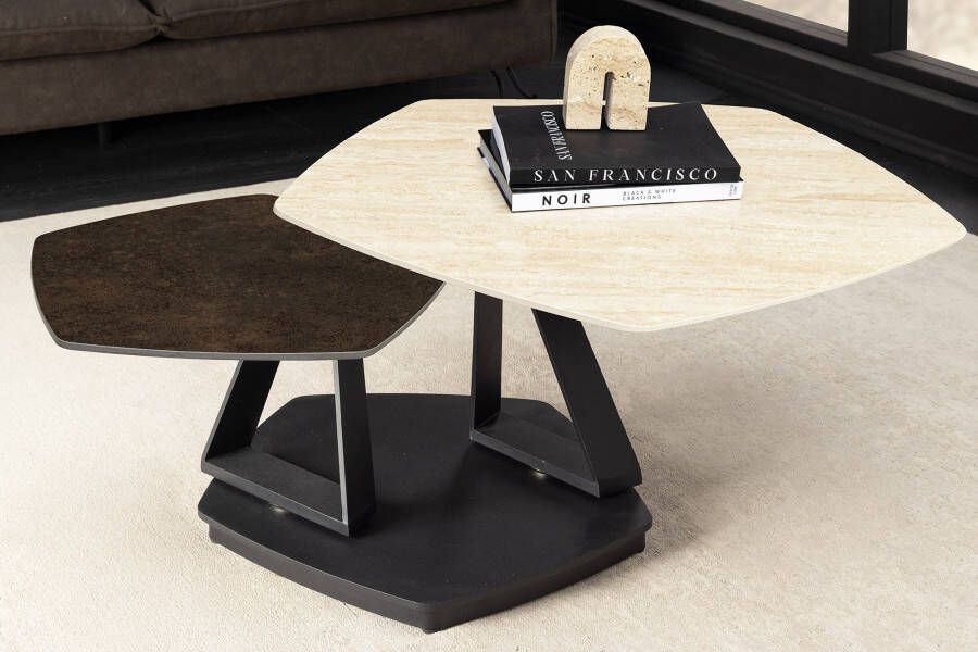 Invicta Interior Design salontafel MOVEMENT roest vijfhoekige draaibare travertijn keramiek zwart metaal 46421