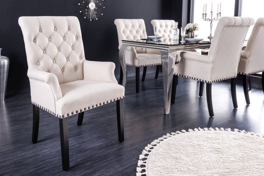 Invicta Interior Design Stoel CASTLE beige zwart Getextureerde stof Armleuningen Houten poten 43216