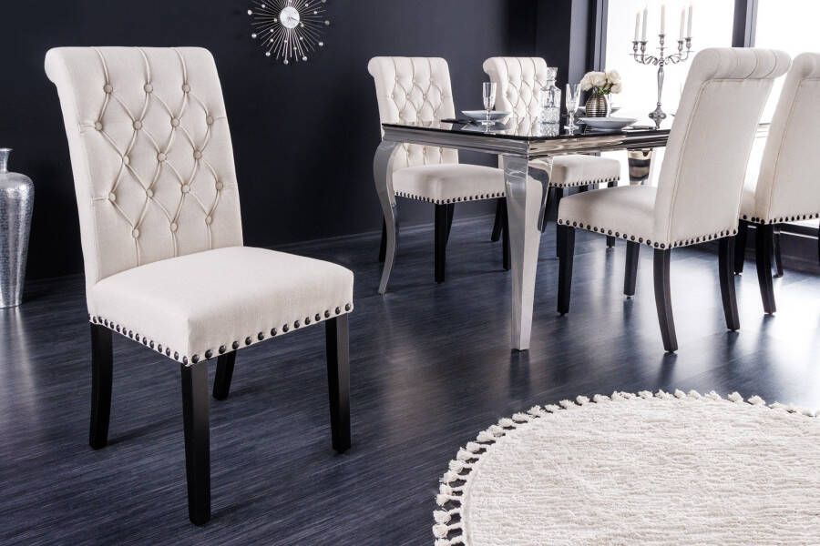 Invicta Interior Design Stoel CASTLE beige zwart Getextureerde stof Houten poten Chesterfield 43215