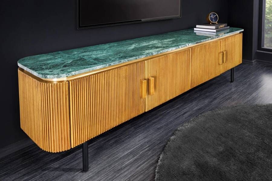 Invicta Interior Design TV-bord VENEZIANO 160 cm messing groen marmeren blad mangohout retro 44534
