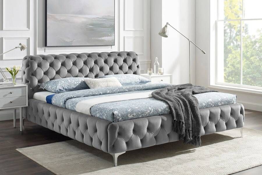 Invicta Interior Design tweepersoonsbed MODERN BAROK 180x200cm grijs fluweel Chesterfield 46162