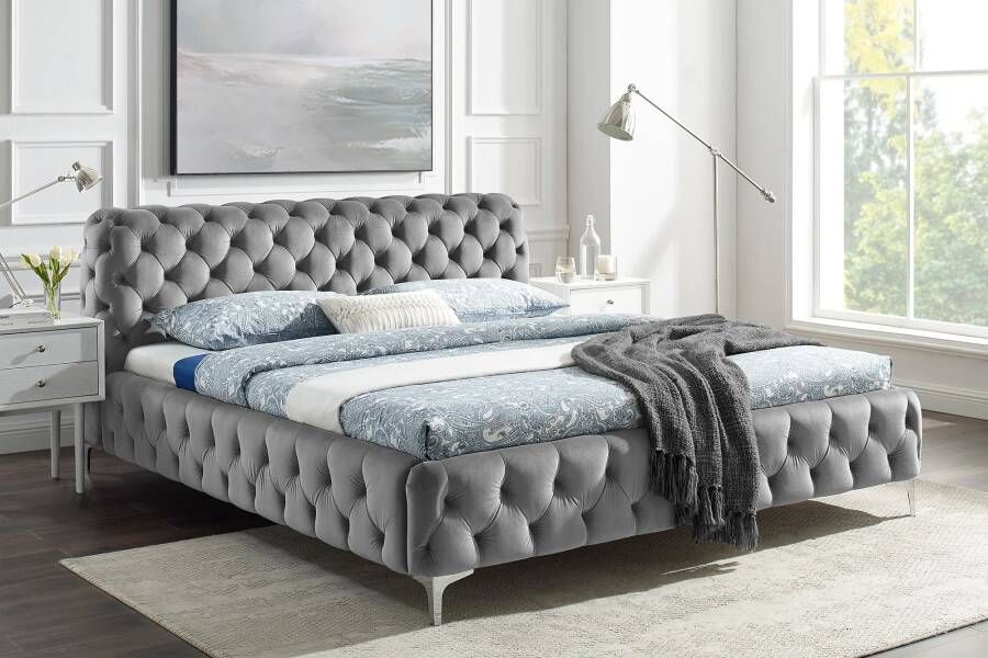 Invicta Interior Designbed MODERN BAROK 160x200cm grijs fluweel Chesterfield tweepersoonsbed 46161