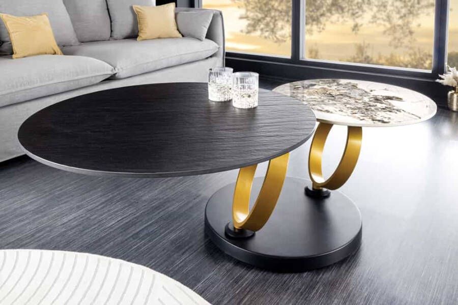 Invicta Interior Draaibare salontafel DANCING RINGS zwart wit goud natuursteen leisteen keramiek rond 44317