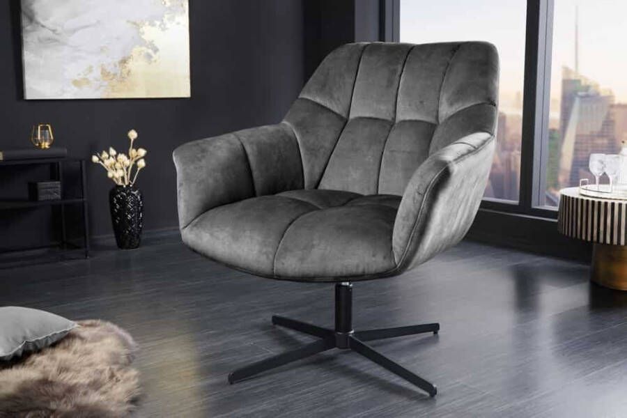 Invicta Interior Draaifauteuil PAPILLON grijs fluweel zwart metaal in hoogte verstelbaar met armleuning 44227