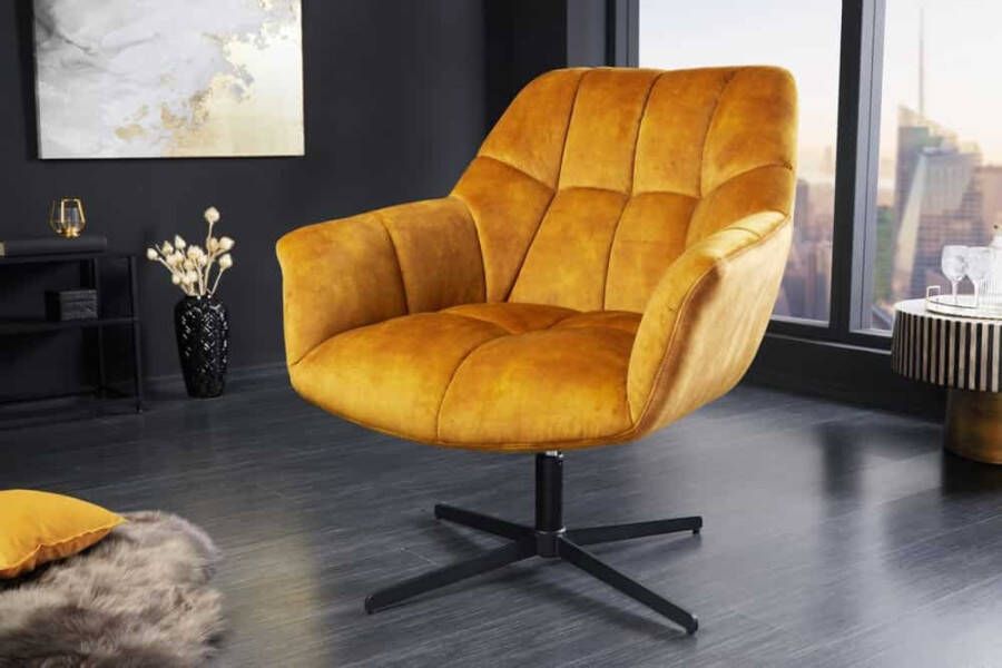 Invicta Interior Draaifauteuil PAPILLON mosterdgeel fluweel zwart metaal in hoogte verstelbaar met armleuning 44228