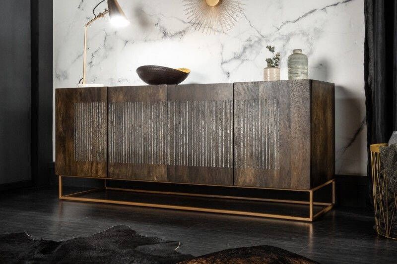 Invicta Interior Massief dressoir ONYX 180 cm donkerbruin mangohout edelsteen agaat goud metalen frame 39229