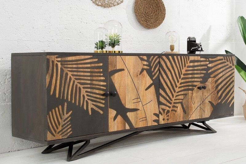 Invicta Interior Massives Dressoir TROPICAL 160cm grijs Mangoholz bloemen Design Boho metalen frame 38728