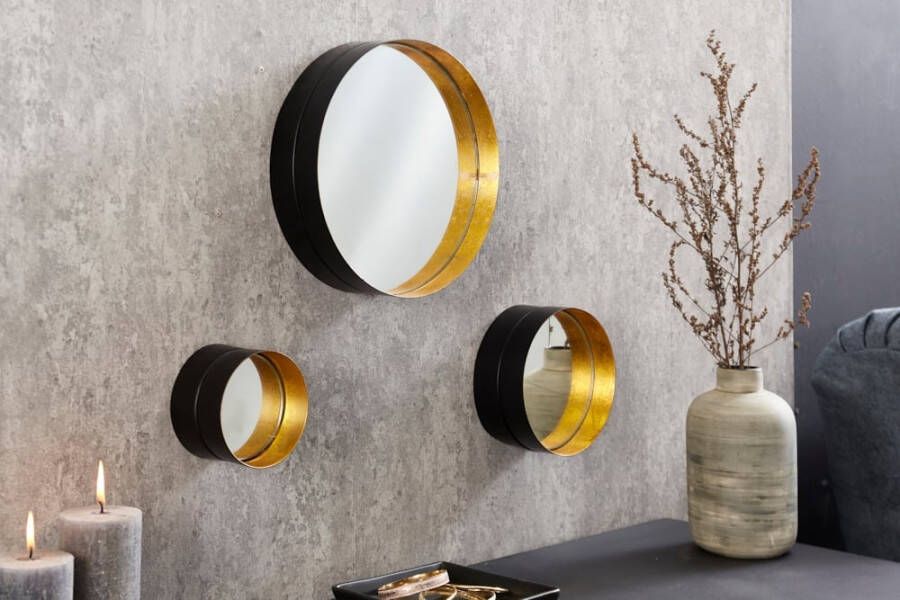 Invicta Interior Decoratieve set van 3 spiegel VARIATION 36cm zwart goud metaal rond handgemaakt 42783