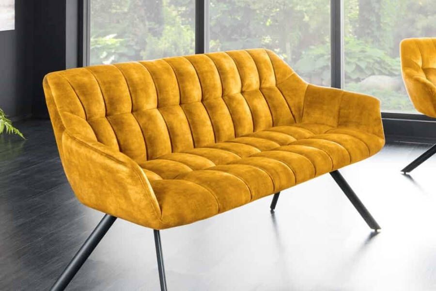 Invicta Interior Eetkamerbank PAPILLON 165cm mosterdgeel fluweel met rugleuning zwart metalen frame 44527