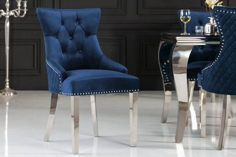 Invicta Interior Barokstoel CASTLE DELUXE koningsblauw fluweel leeuwenkop Chesterfield design eetkamerstoel klinknagels 40473