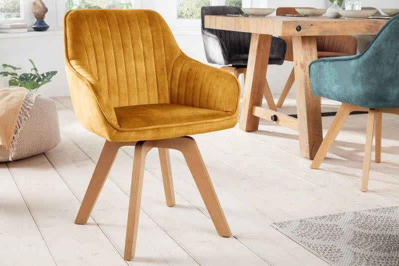 Invicta Interior Draaibare design stoel LIVORNO mosterdgeel fluweel beukenhouten poten met armleuningen 41310