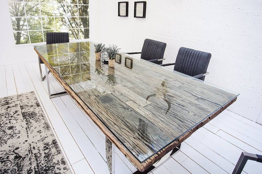 Invicta Interior Massieve eettafel BARRACUDA 200cm antiek teakhout met stalen sledepoten incl. glazen blad 21645&30116G