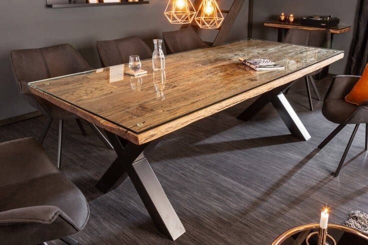 Invicta Interior Massief houten eettafel BARRACUDA 220cm naturel teakhout incl. glazen blad zwart metalen poten X-frame 39699