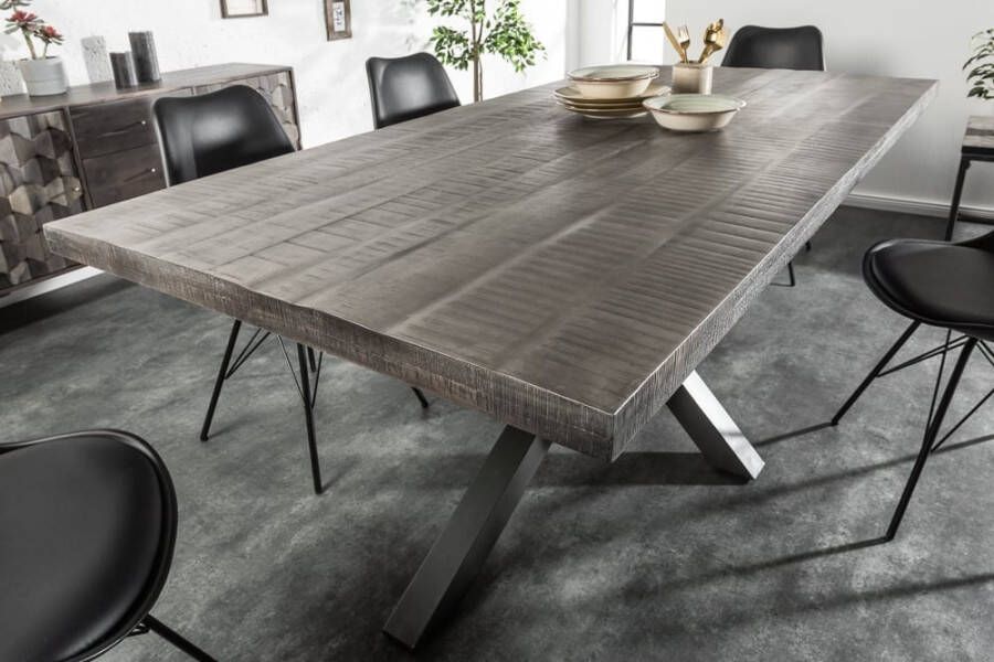 Invicta Interior Massieve industrieele eettafel GALAXIE 200cm grijs mangohouten stervormig frame 39442