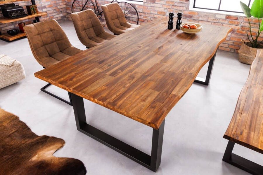 Invicta Interior Massief houten eettafel GENESIS 200cm bruin gevlamd acacia sledeonderstel zwarte ijzeren boomrand 42044