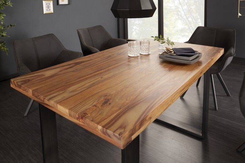 Invicta Interior Massief houten eettafel IRON CRAFT 120 cm natuurlijke Sheesham steenafwerking zwarte metalen poten loper 39866