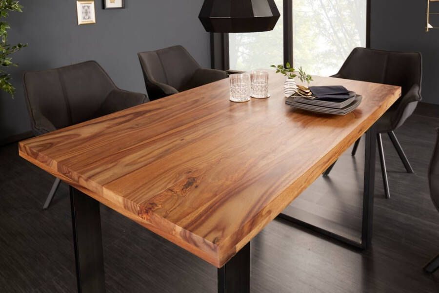 Invicta Interior Massief houten eettafel IRON CRAFT 140cm naturel zwarte Sheesham steenafwerking Industrieel Design 39867