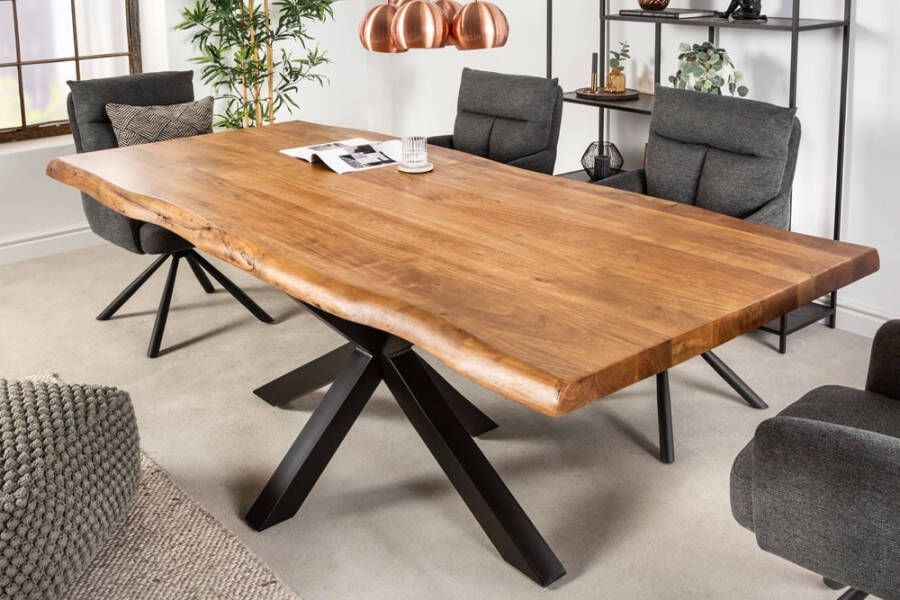 Invicta Interior Massief houten eettafel MAMMUT NATURE 220cm acacia metalen frame zwarte boomrand 6cm tafelblad 41743