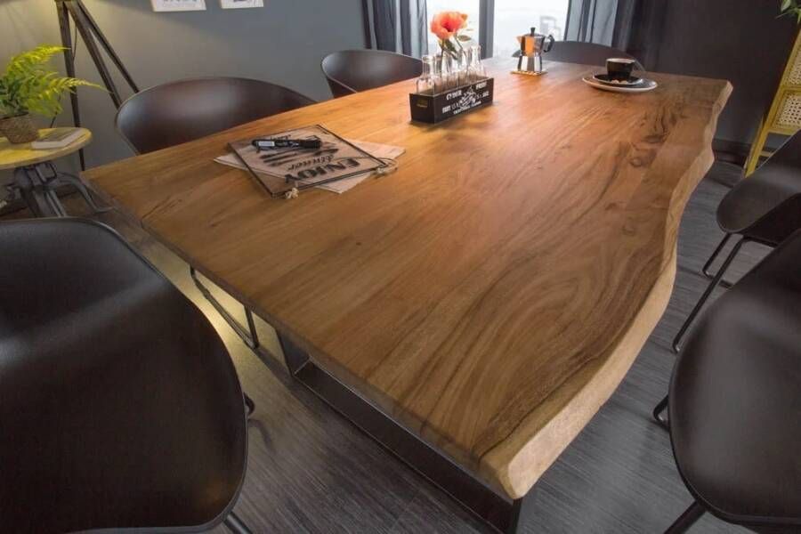 Invicta Interior Massief houten eettafel MAMMUT 140 cm wilde acaciaboom rand industrieel design 2 6 cm tafelblad 43426