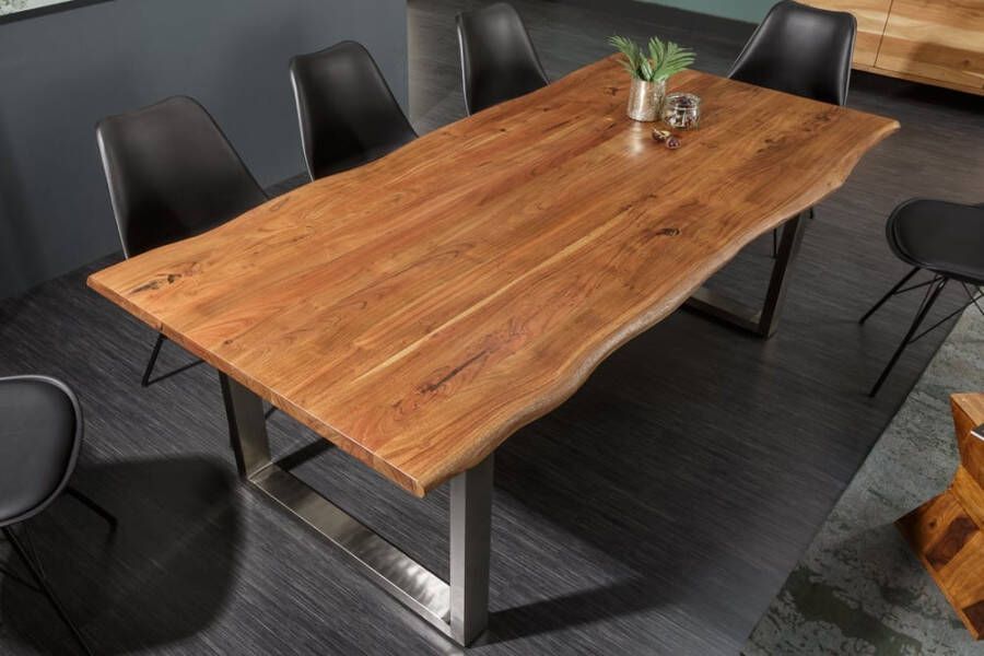 Invicta Interior Massief houten eettafel MAMMUT NATURE 160cm acacia roestvrijstalen boomrand 3 5cm tafelblad 39391