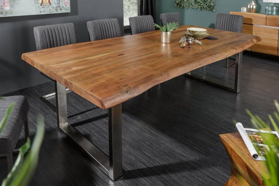 Invicta Interior Massief houten eettafel MAMMUT NATURE 200cm acaciaboom rand 6cm tafelblad roestvrijstalen poten 40127