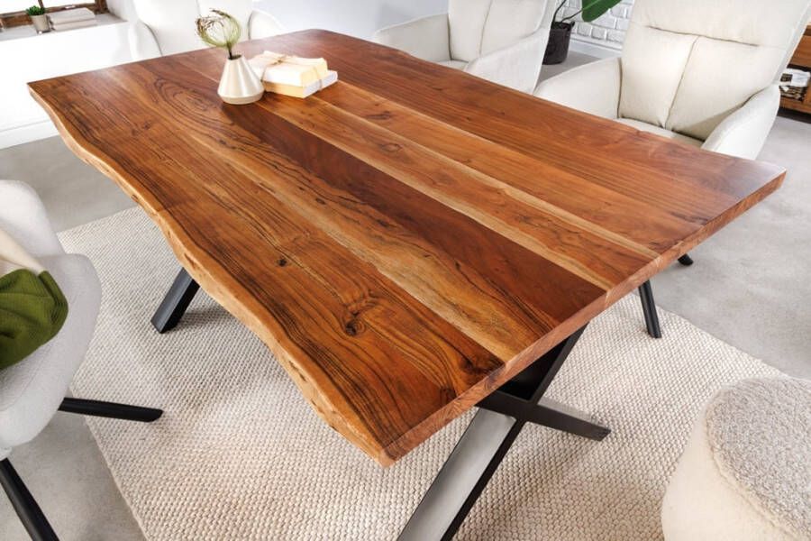 Invicta Interior Massief houten eettafel MAMMUT 160cm acaciaboomrand X-frame industrieel design 2 6 cm blad 43480