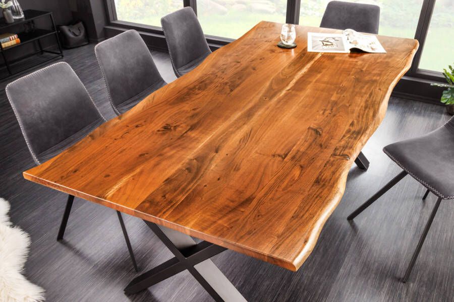 Invicta Interior Massief houten eettafel MAMMUT NATURE 180cm acaciaboomrand X-frame zwart 2 5cm tafelblad 43146