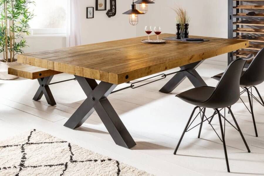 Invicta Interior Massief houten eettafel THOR 200cm vintage bruin grenen gerecycled industrieel design ijzeren X-frame 43676