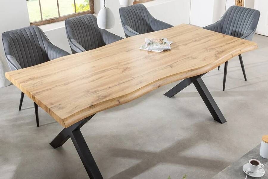 Invicta Interior industrieele eettafel WILD 160cm naturel zwart wild eiken design boomrand hout metaal X-frame 41331