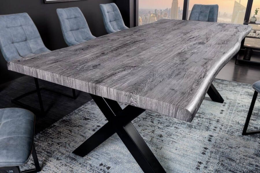 Invicta Interior Moderne eettafel WILD 160cm grijs gekalkt hout wild eiken design boomrand X-frame metalen poten 43120