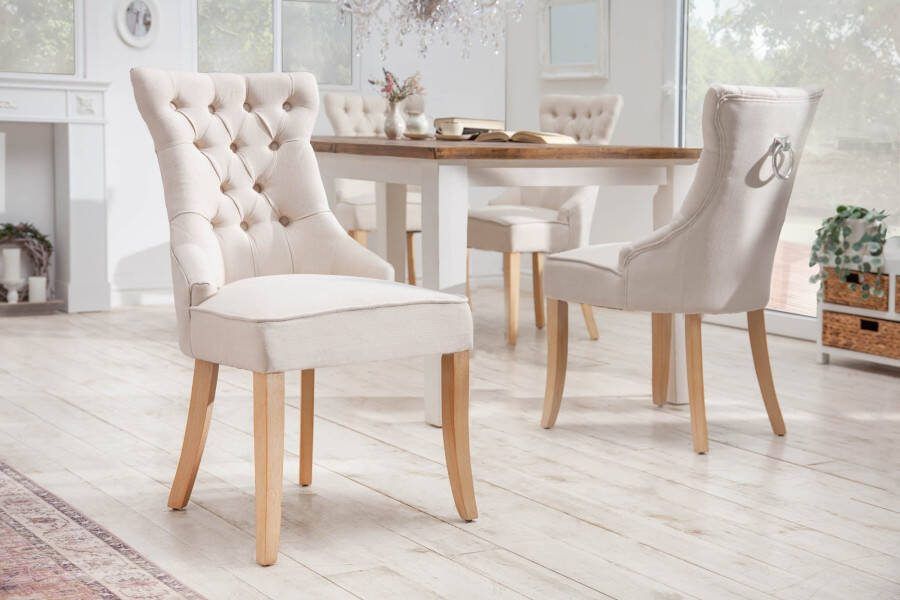 Invicta Interior Elegante stoel CASTLE beige linnen stof landelijke stijl met comfort handvat 40467