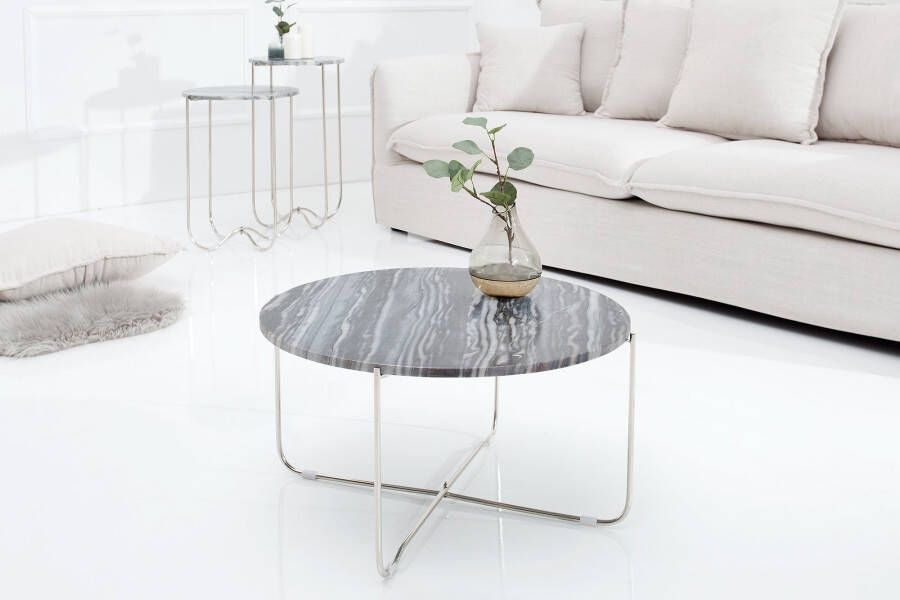 Invicta Interior Exclusieve salontafel NOBLE 65cm grijs echt marmer rond zilver metaal 38011