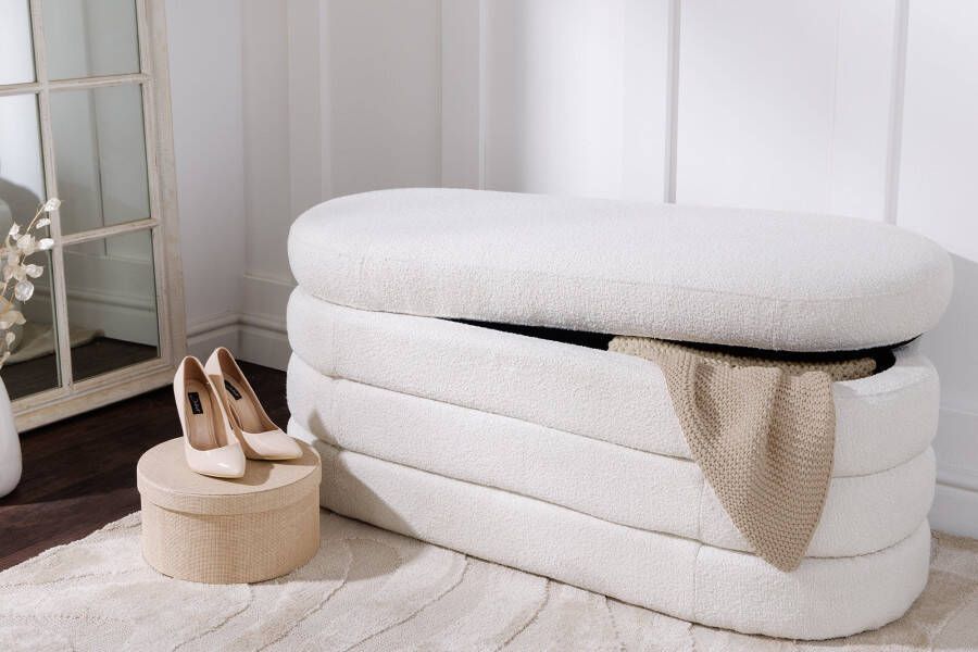 Invicta Interior Extravagante gestoffeerde bank VOGUE 115cm crèmewit Bouclé bank met opbergruimte 43387