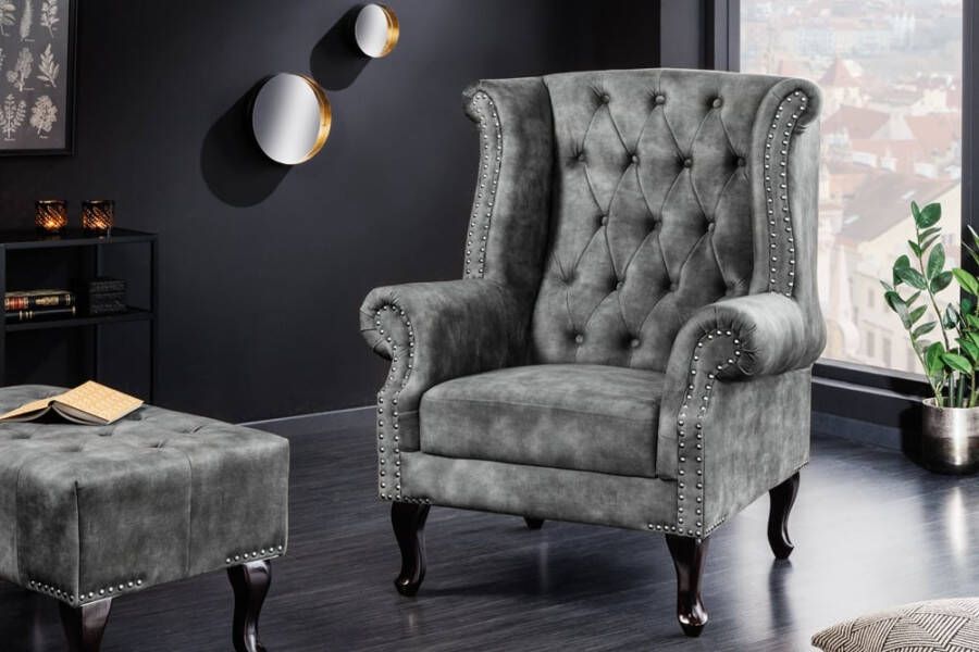 Invicta Interior Design vleugelfauteuil CHESTERFIELD 105cm grijs fluweel zilver klinknagels veerkern 43520