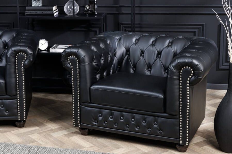 Invicta Interior Design fauteuil CHESTERFIELD 110cm matzwart knoopstiksel veerkern 41448